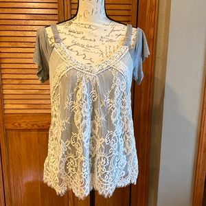 Grey cold shoulder lace tee